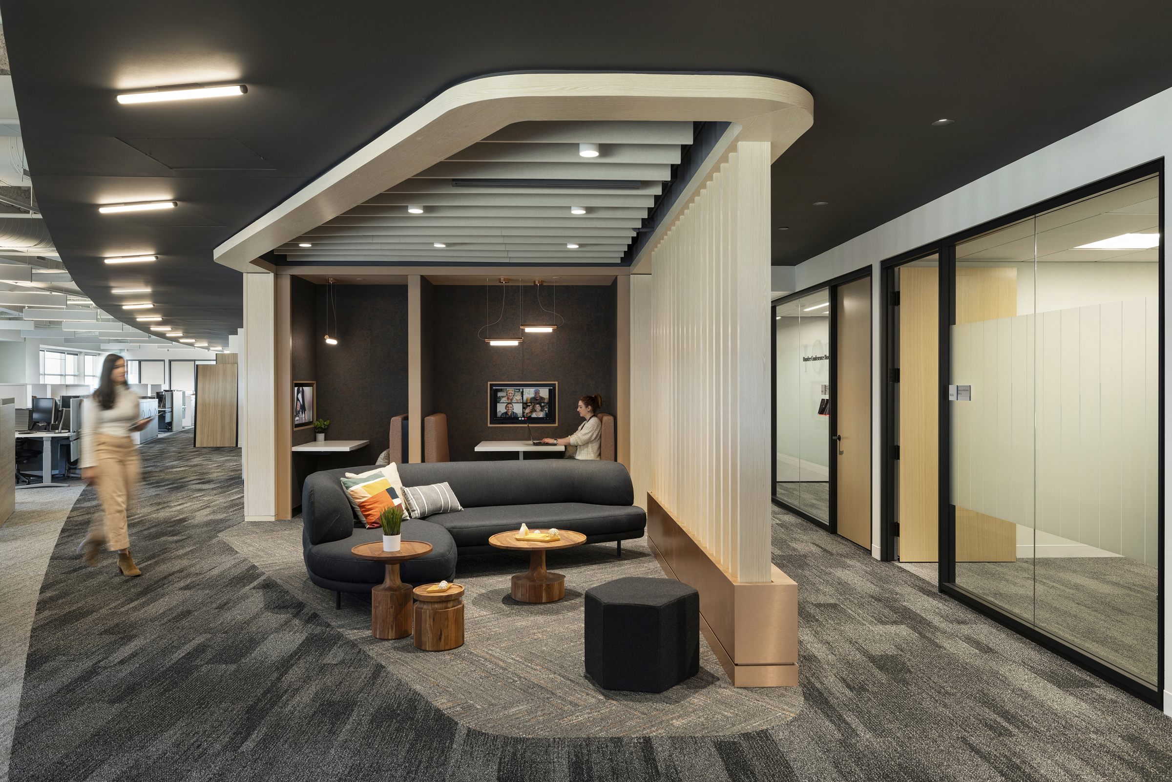 Acoustic ceiling baffles and wall panels for Omaha office