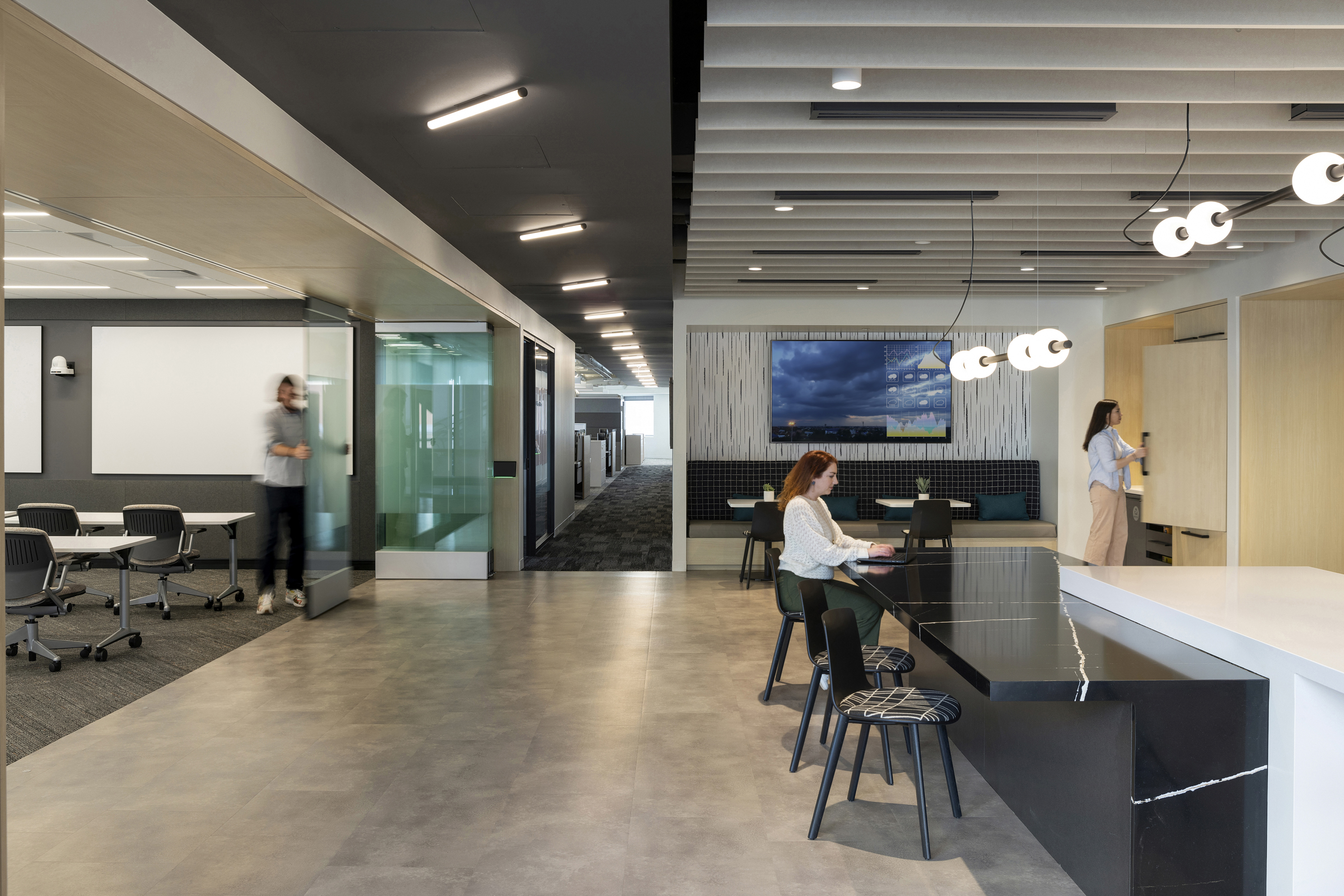 Acoustic ceiling baffles and wall panels for Omaha office