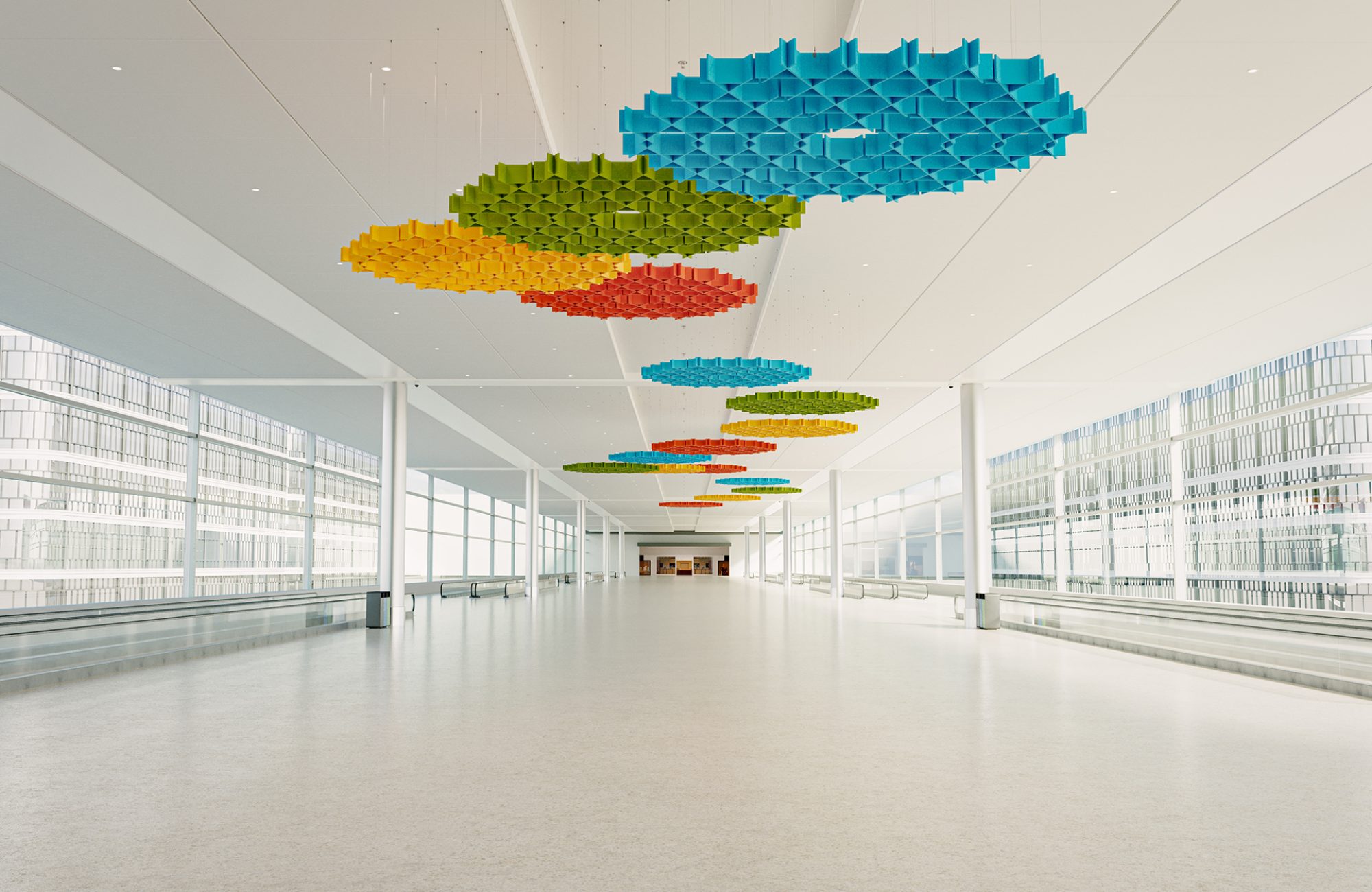 Interlace, Web Ceiling Clouds | Azure, Carrot, Popcorn, Wasabi | Premier Collection