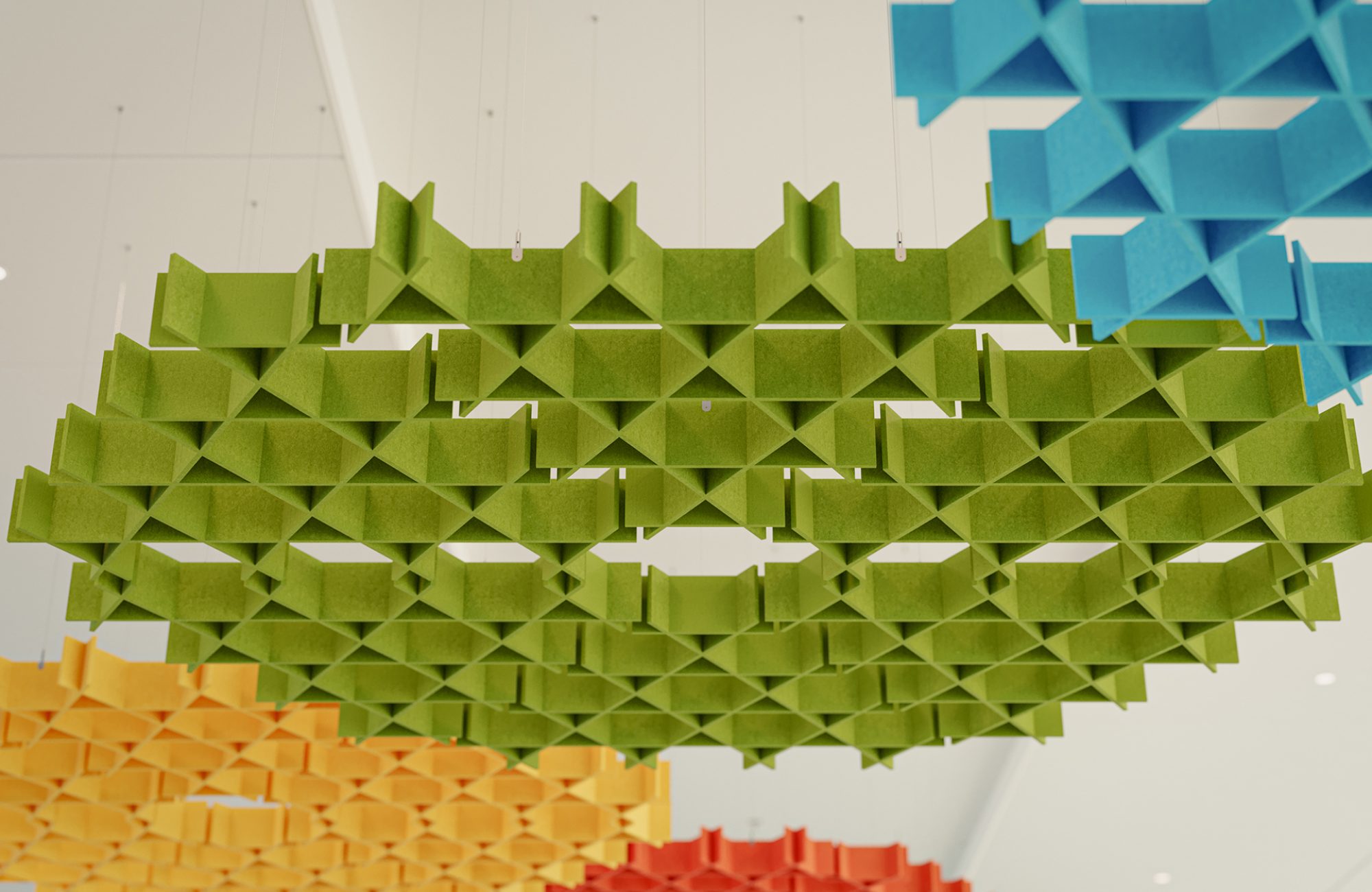 Interlace, Web Ceiling Clouds | Azure, Carrot, Popcorn, Wasabi | Premier Collection