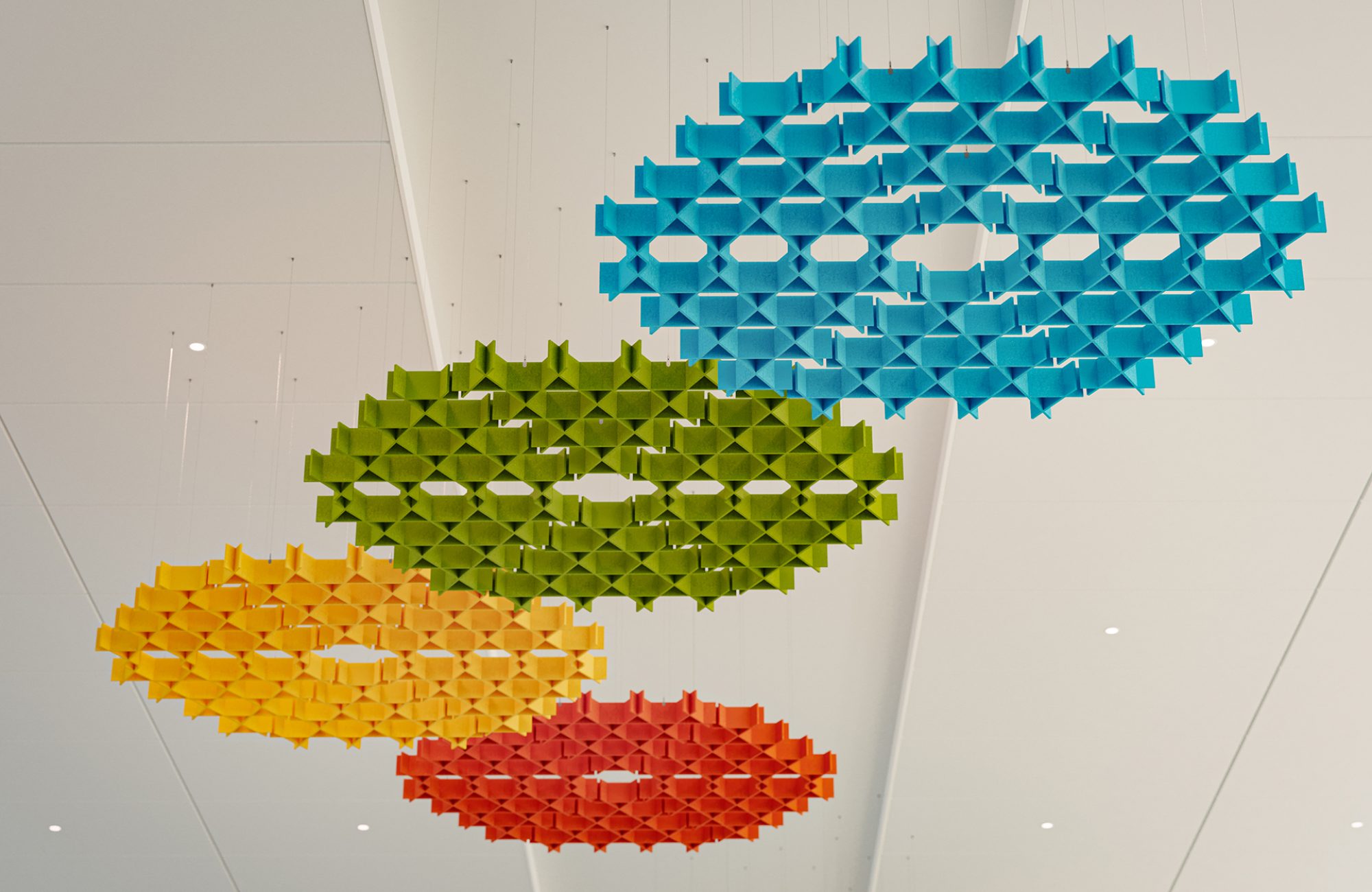 Interlace, Web Ceiling Clouds | Azure, Carrot, Popcorn, Wasabi | Premier Collection