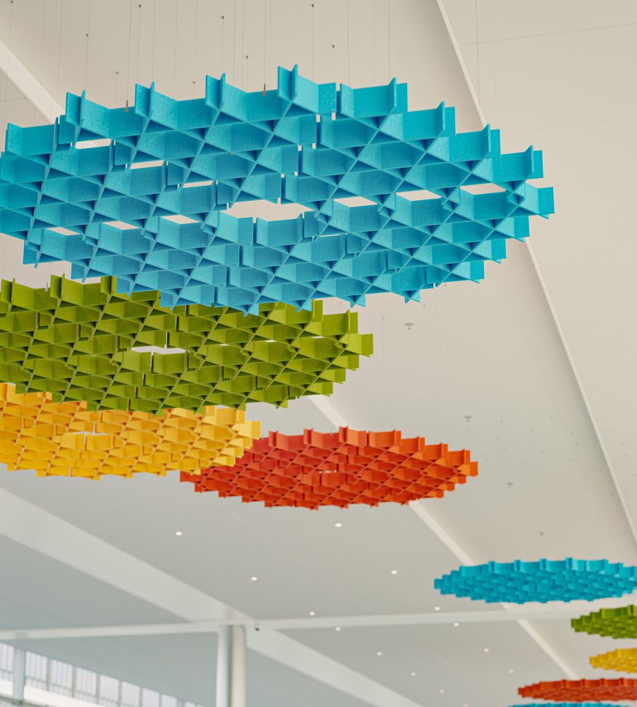 Interlace, Web Ceiling Clouds | Azure, Carrot, Popcorn, Wasabi | Premier Collection