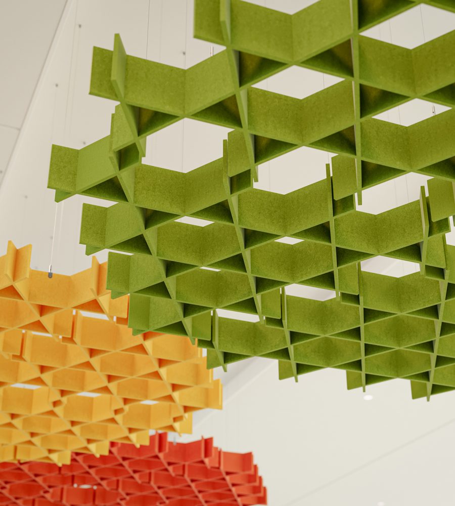 Interlace, Web Ceiling Clouds | Azure, Carrot, Popcorn, Wasabi | Premier Collection