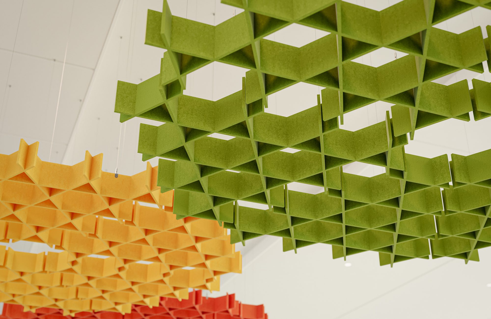Interlace, Web Ceiling Clouds | Azure, Carrot, Popcorn, Wasabi | Premier Collection