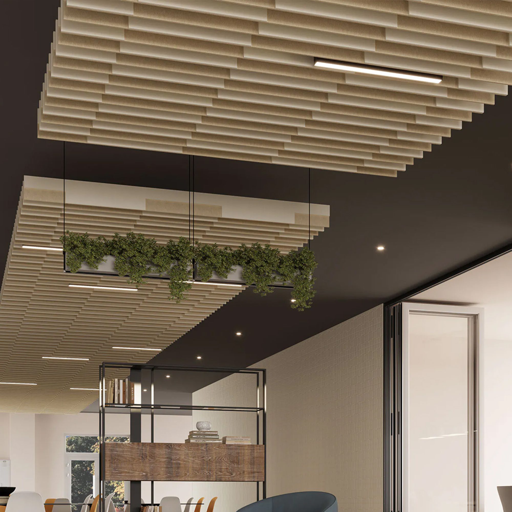 Acoufelt_Groove-Ceiling-Baffle_Pearl-White_Carousel-2
