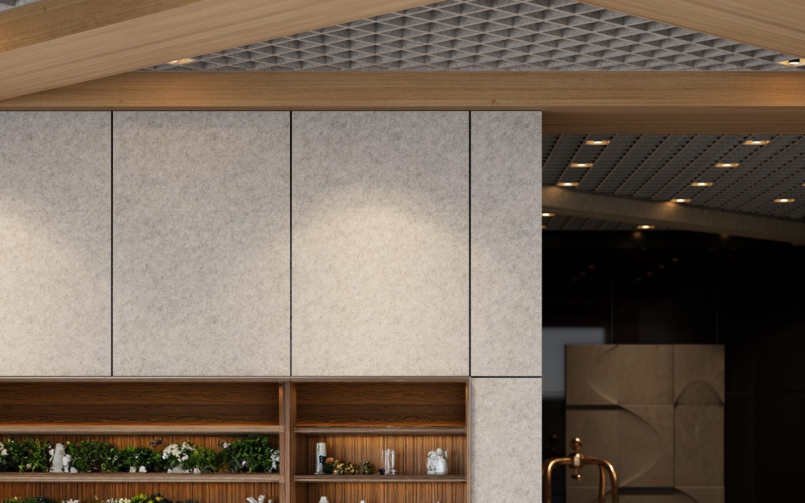 Woven, Pincheck Ceiling Frames; Solid Wall Panels | Milkyway | Premier Collection