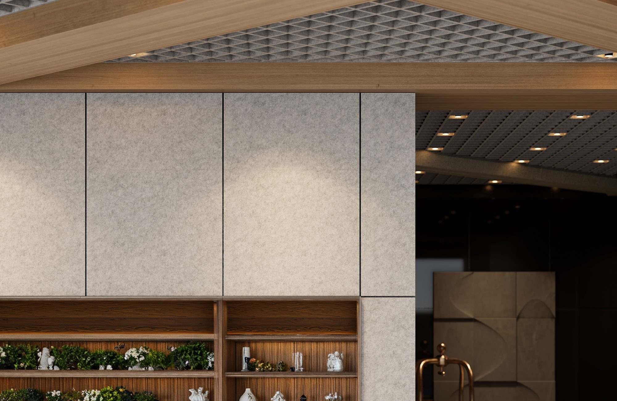 Woven, Pincheck Ceiling Frames; Solid Wall Panels | Milkyway | Premier Collection